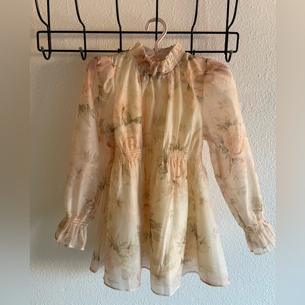Girls' Floral Long-Sleeve Dress in Light Peach